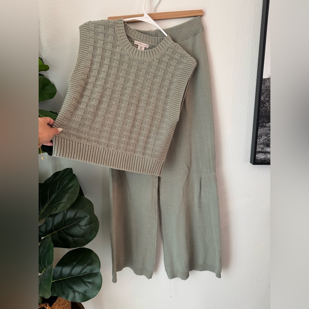 Knit Sweater Vest and Wide Leg Knit Pants Set in Sage